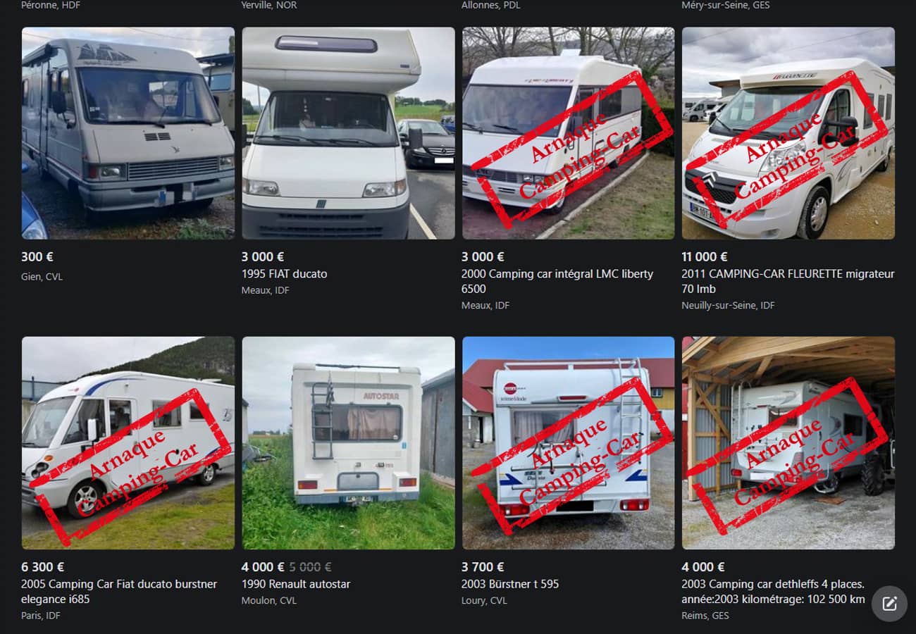 Marketplace : captures d’annonces de camping-cars fake sur Facebook