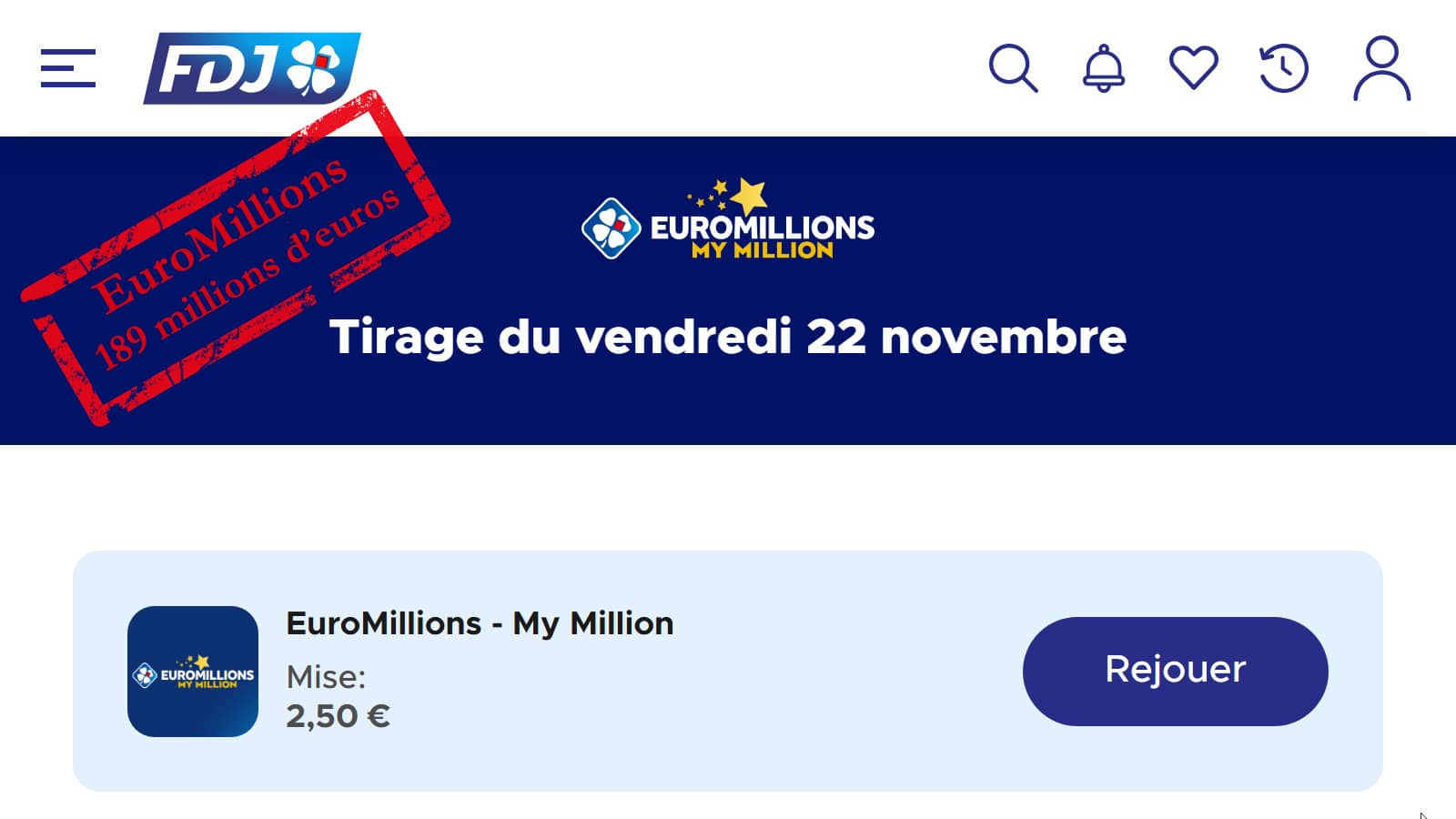 Grille EuroMillions vendredi 22 novembre 2024 ( crédit : site FDJ )