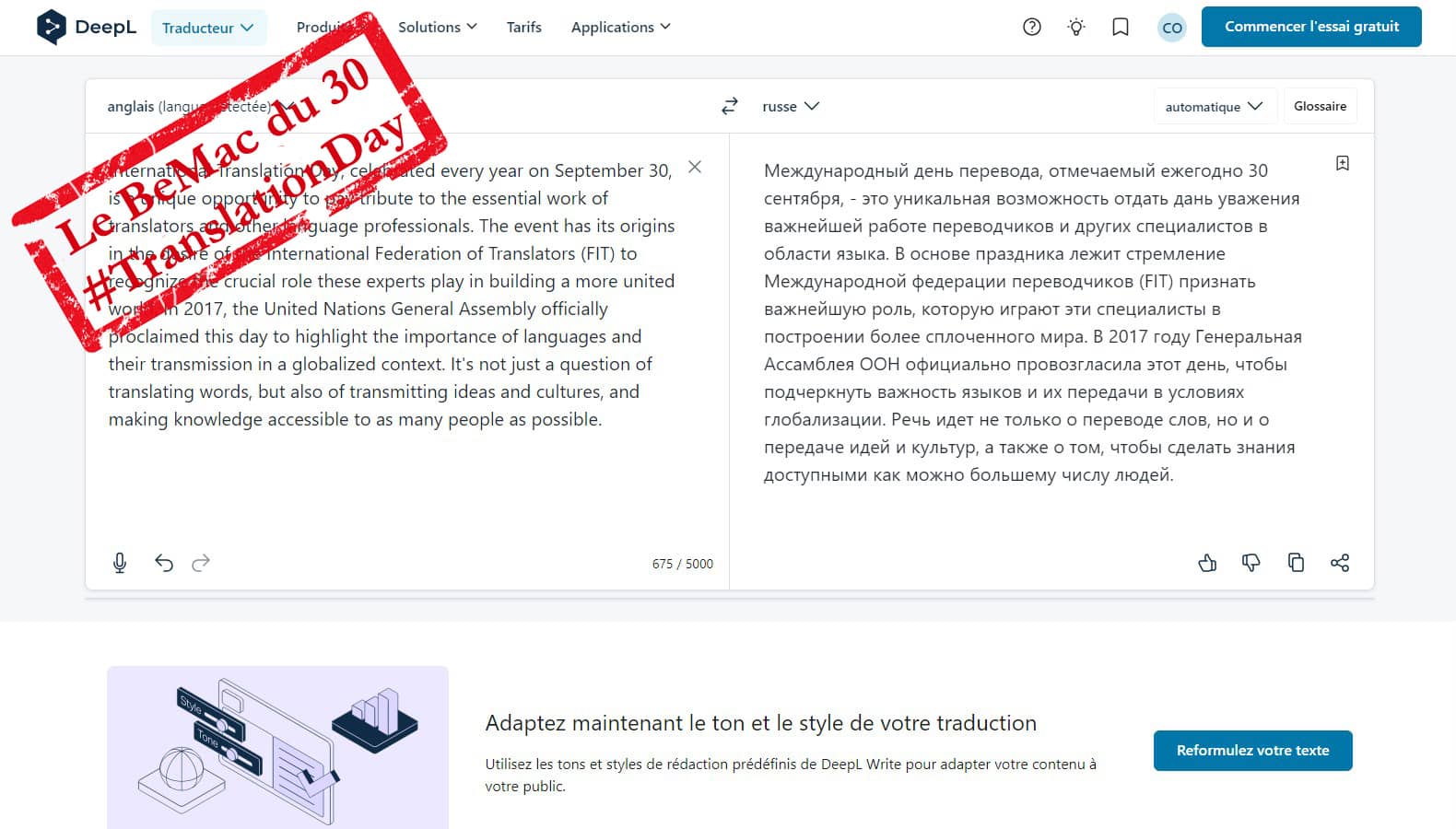 Traduction sur Deepl d’un paragraphe de l’article en anglais et russe