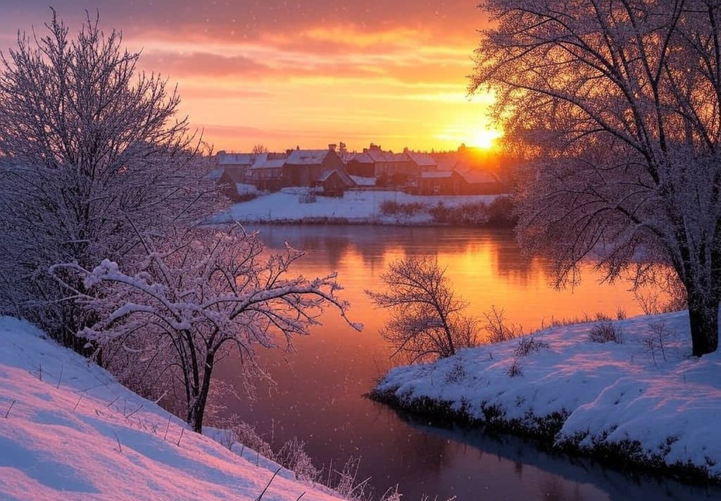 Lever du soleil dans la campagne enneigée ( crédit : Alex.I Grok )