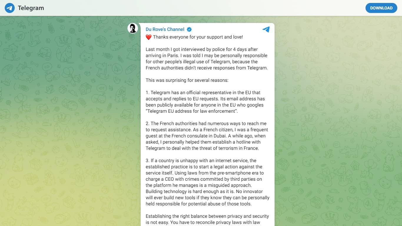 Message de Pavel Durov sur Telegram (Crédit t.me/durov/342)