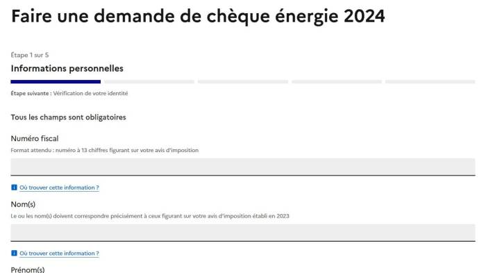 Processus de demande de chèque ( capture guichet chèque énergie 2024 )