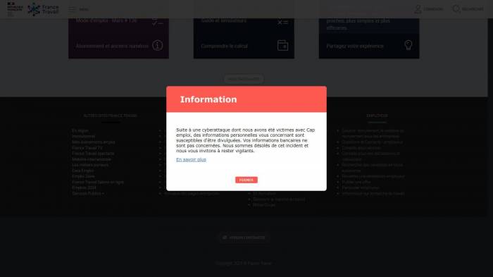 France Travail ( ex-Pôle emploi ) : capture du message faisant suite à la cyberattaque