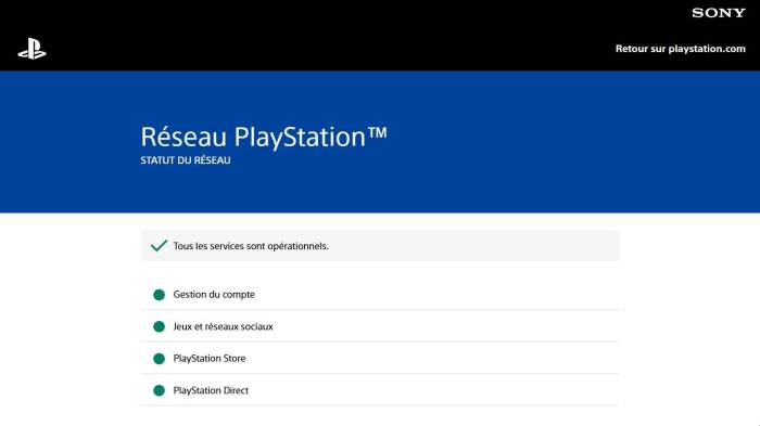 Capture de la page status en vert du PlayStation Network