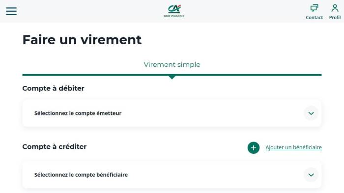 Interface du virement en ligne du Crédit Agricole sur Desktop